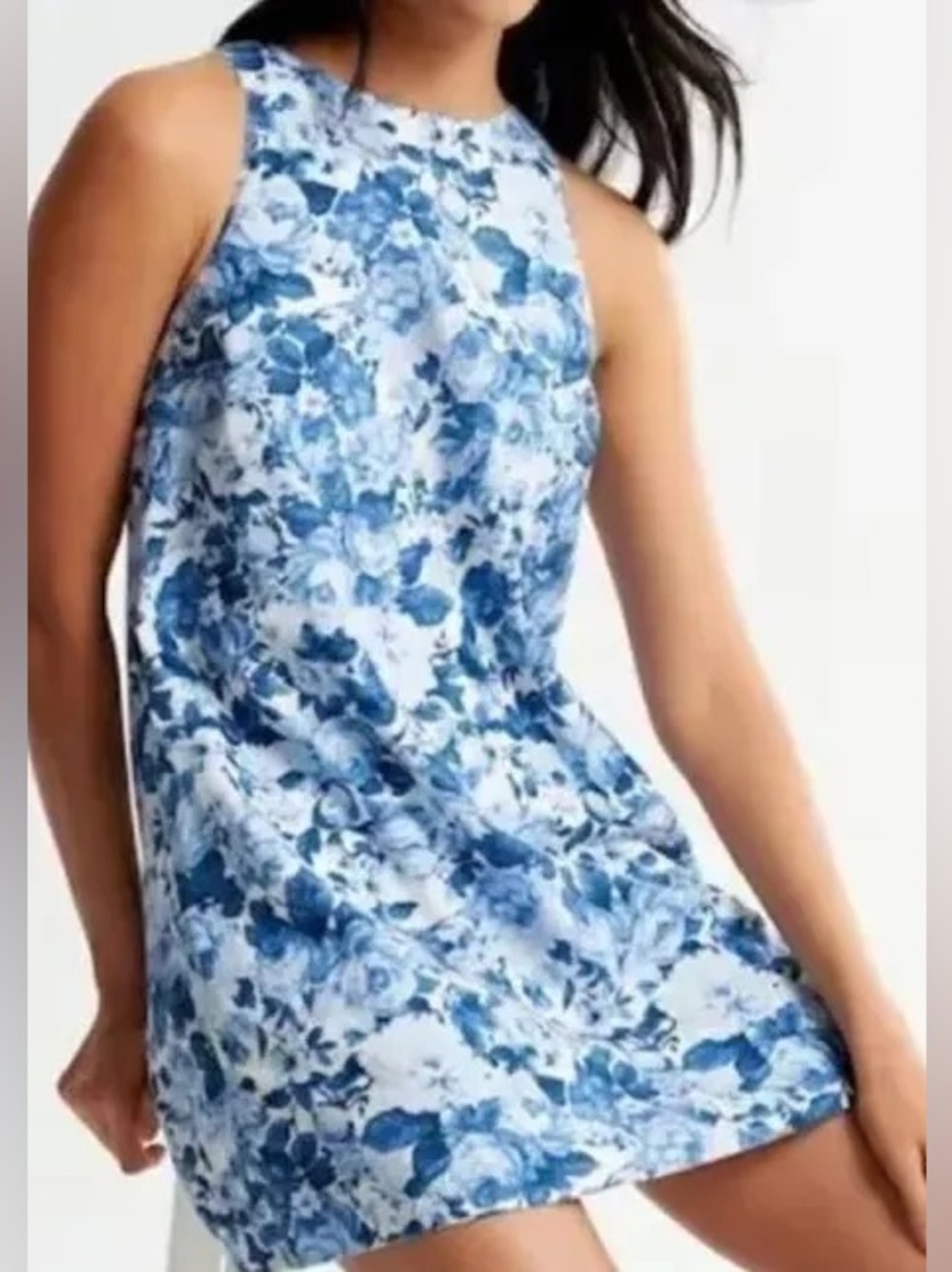 Abercrombie High-Neck Linen-Blend Mini Dress Navy Floral